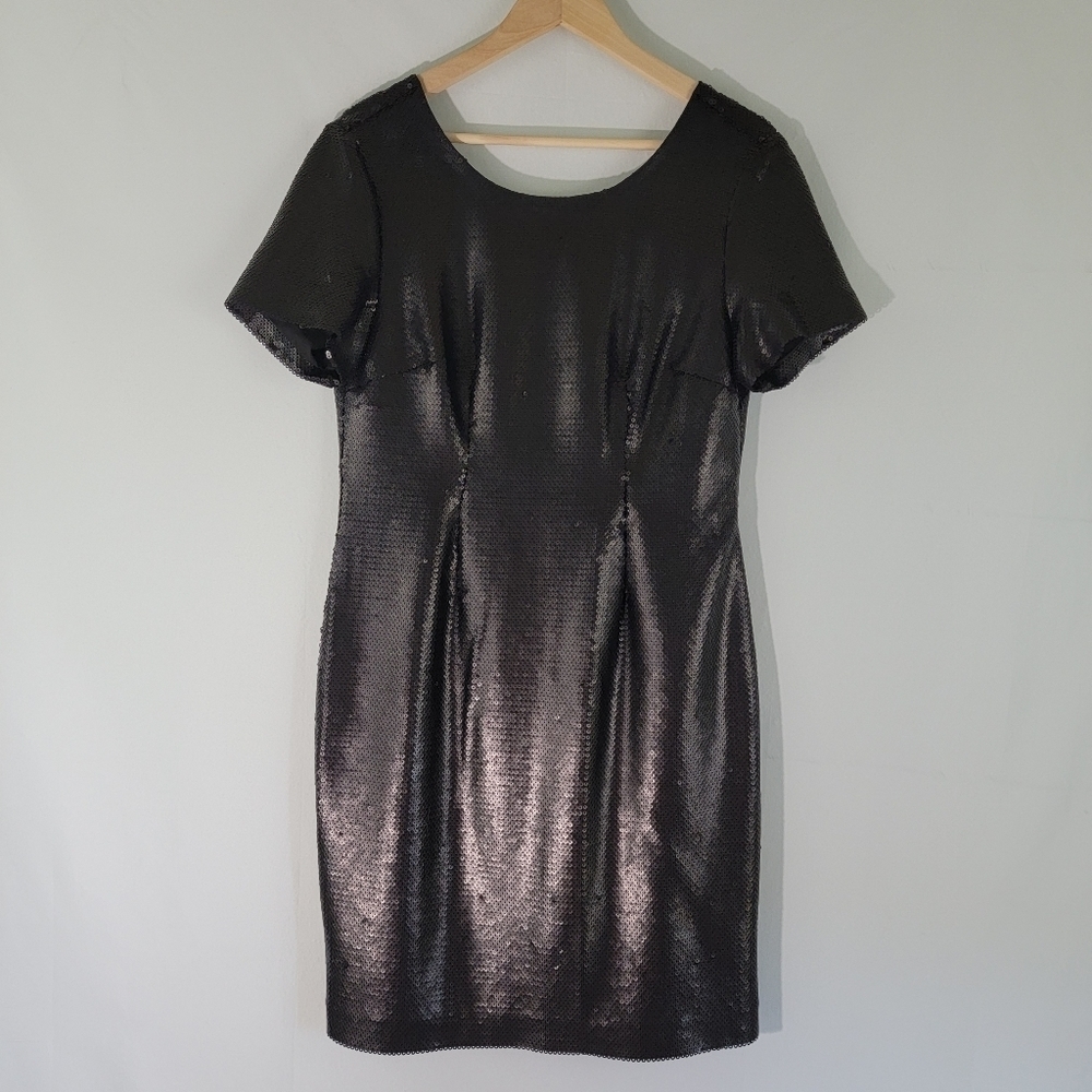 DKNYC Black Sequins Cocktail Sheath Dress Sz 12 Short Sleeve Lined New Year's - Picture 2 of 12